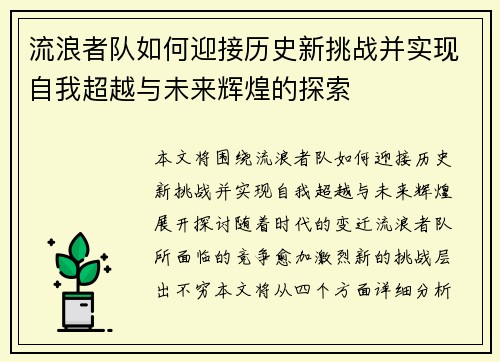 流浪者队如何迎接历史新挑战并实现自我超越与未来辉煌的探索